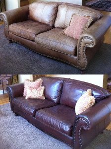 Before and after couch leather repair services from Creative Colors